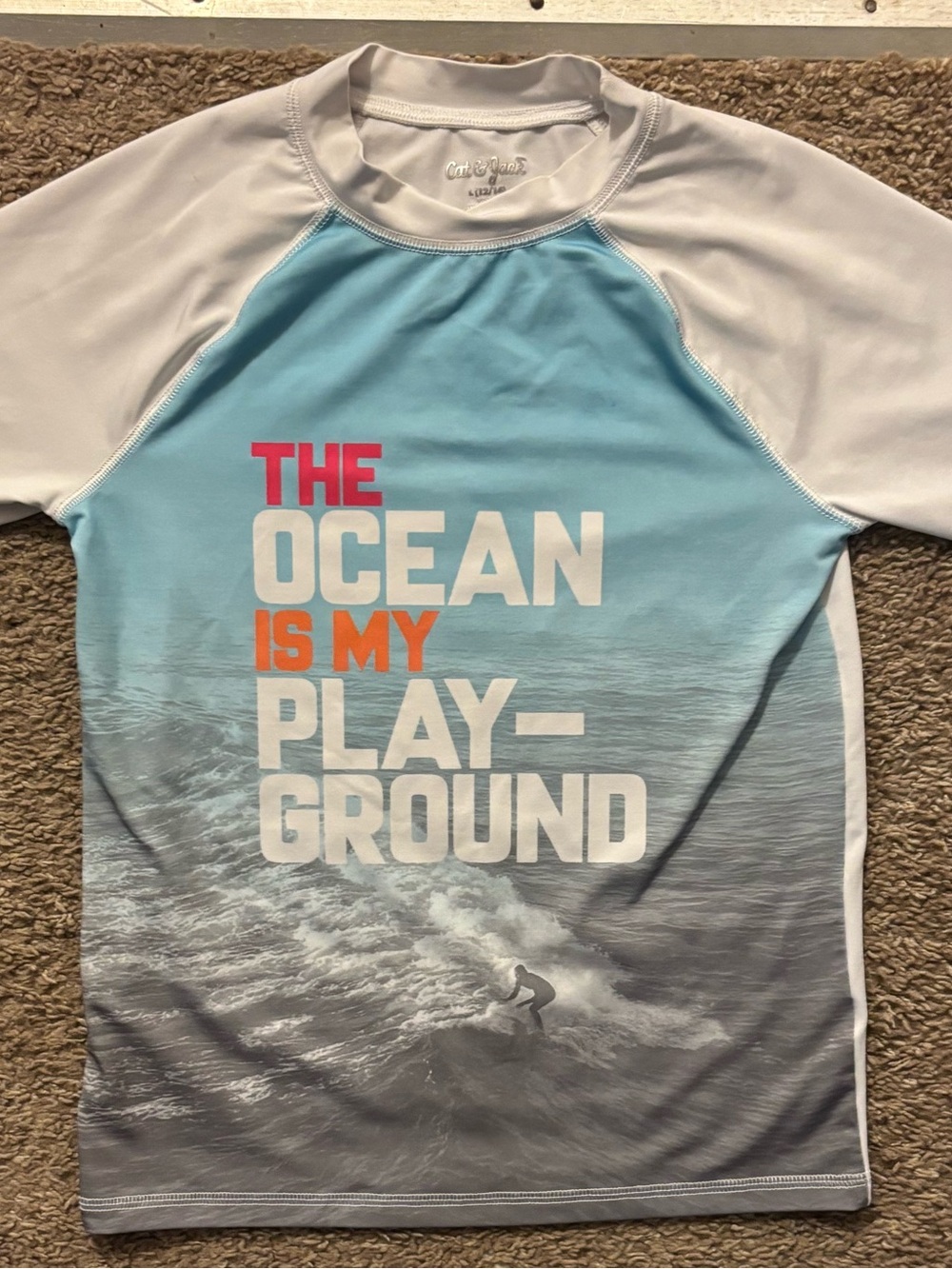 Cat & Jack Boys Lg (12/14)Ocean Graphic Rash Guard T-Shirt Like New